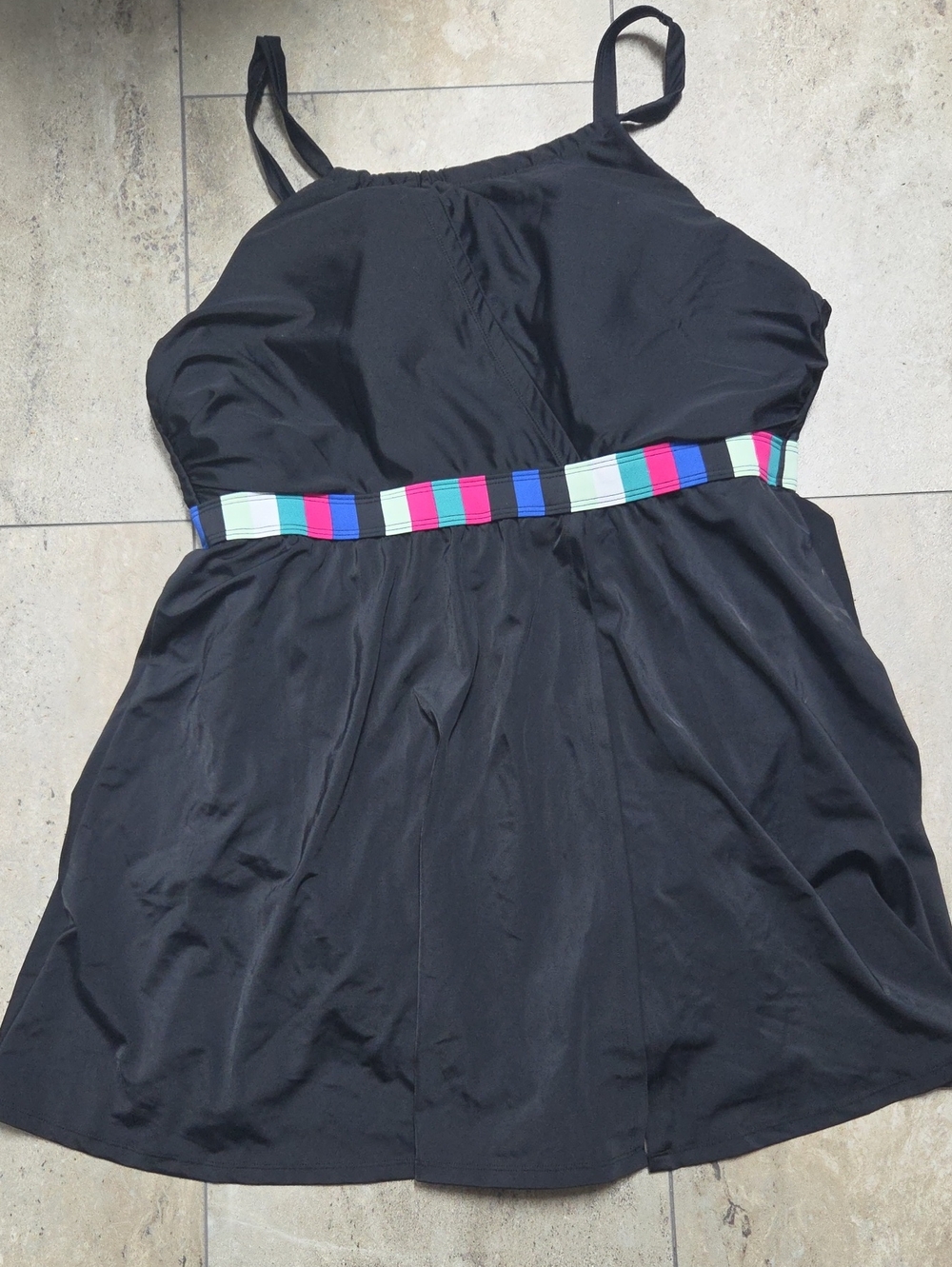 Cacique Black One-Piece Swimsuit with Multicolor Striped Waistband